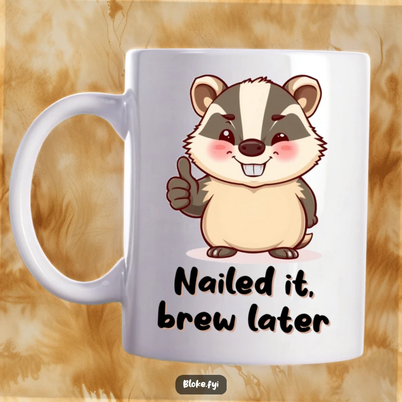 Funny mug with a stout, jovial badger winking and giving a thumbs-up, radiating positivity and humor.