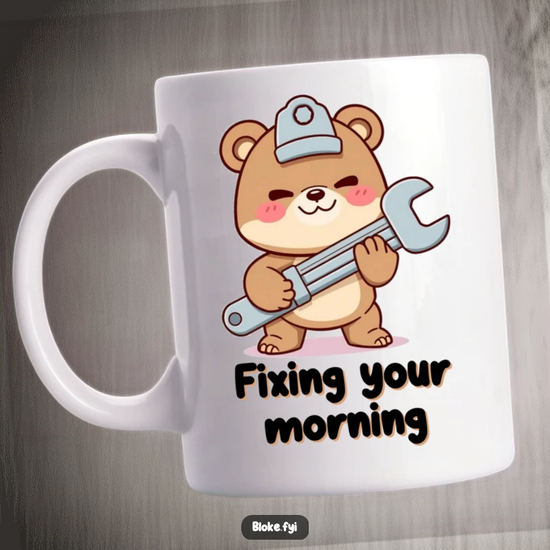 Funny mug featuring a mischievous bear character offering a giant wrench, symbolizing helpfulness with a humorous, rugged edge.
