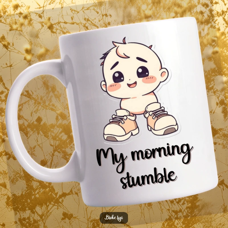 Funny Mug: A happy, squat character looks bewildered while wearing comically oversized shoes, ready for a clumsy adventure.