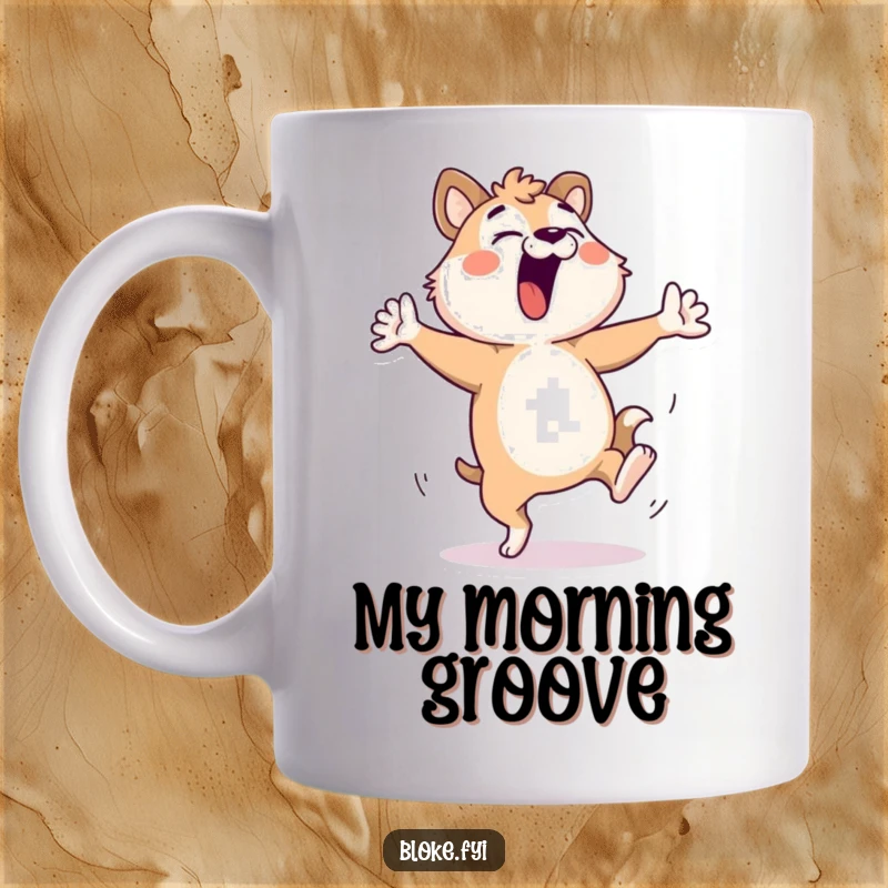 Funny Bloke Animal Mug: Hilarious character dancing wildly with feet kicking, capturing pure uninhibited joy and comedic movement.