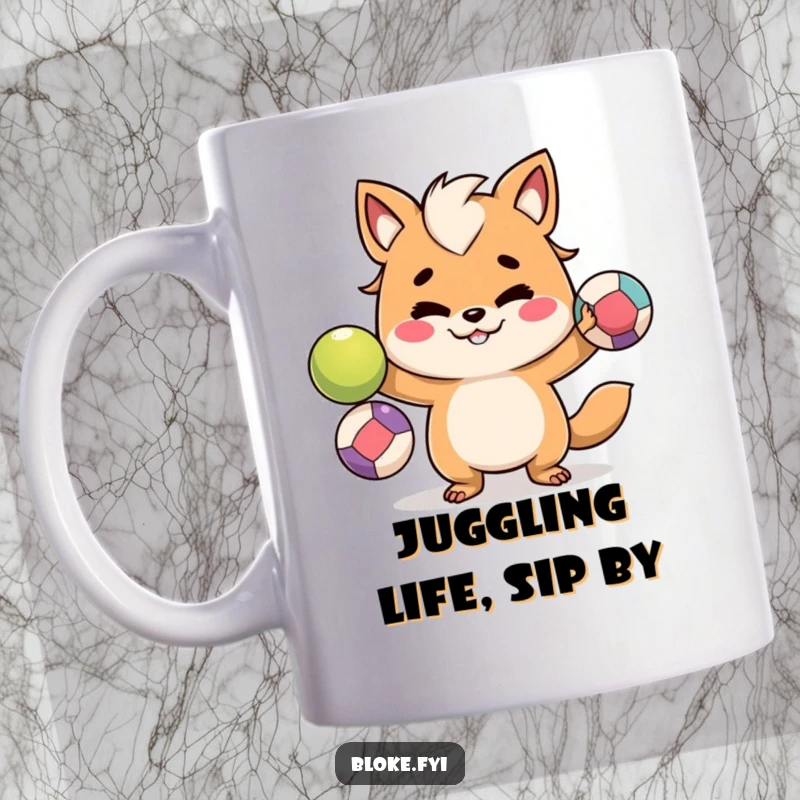 Funny mug with a mischievous bloke animal character skillfully juggling three colorful balls with a playful grin.