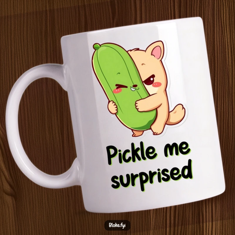 Funny bloke animal character mug with a sly wink and holding a giant pickle, perfect for a quirky and humorous beverage experience.