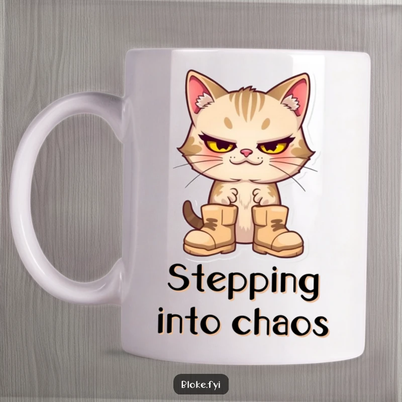 Funny cat with a wide, goofy grin wearing comically large boots, printed on a coffee mug.
