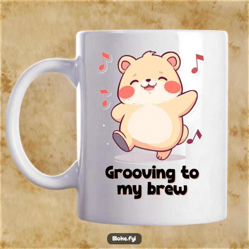 Funny mug featuring a chubby animal character joyfully tapping its foot to an unheard rhythm, radiating pure, happy energy.