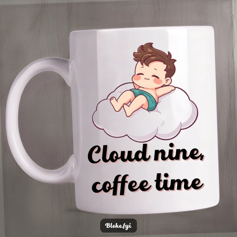 Funny mug showing a relaxed bloke character playfully lounging on a stylized cloud, embodying ultimate comfort and ease.