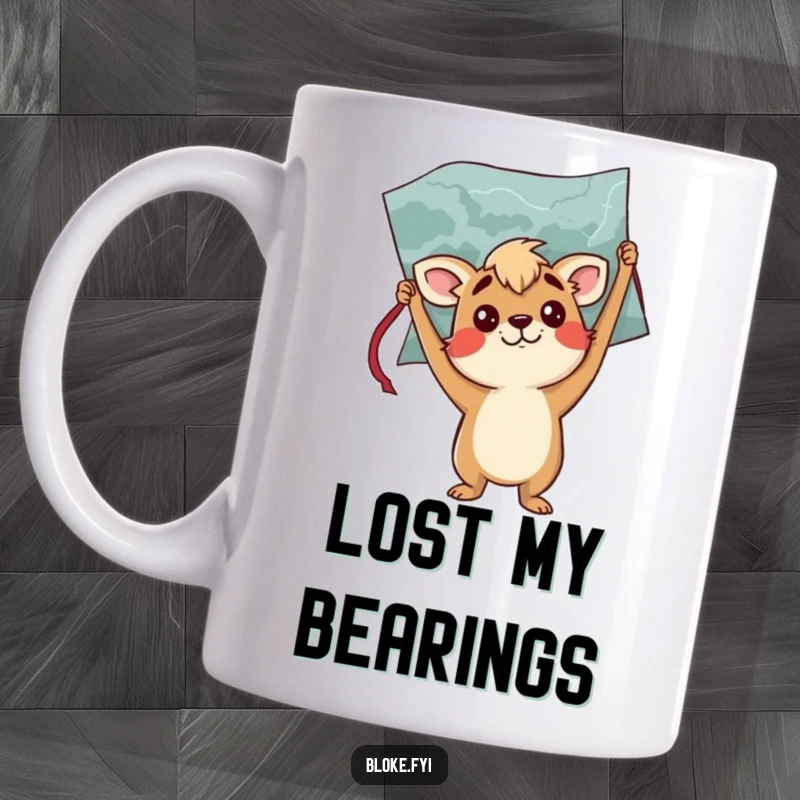 Funny mug showing a bewildered bloke animal character holding a map upside down, symbolizing confusion and humorous navigation.