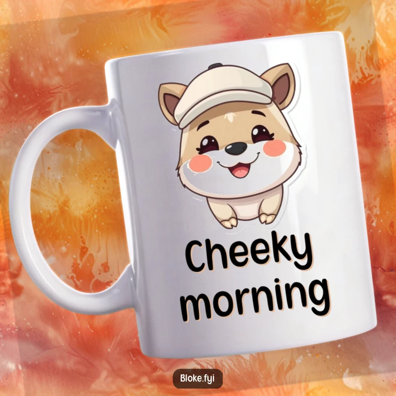 Funny mug featuring an adorable animal wearing a stylish flat cap and grinning broadly, embodying cheerful and roguish charm.