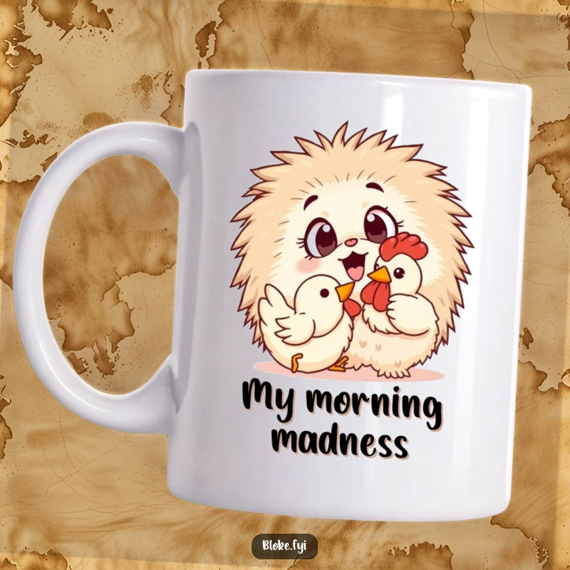 Funny Mug: A fluffy, wide-eyed ball of fur gleefully plays with a bright yellow rubber chicken, showcasing pure joy.