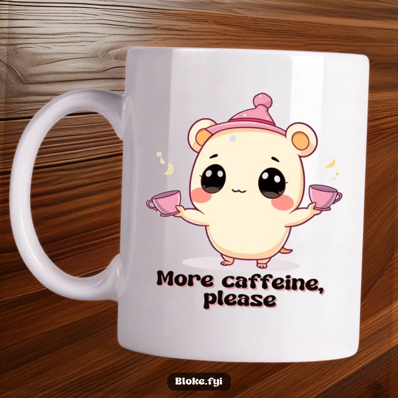 Funny Mug: A small, round creature with big eyes and a jaunty hat, expertly juggling tiny teacups with a smile.