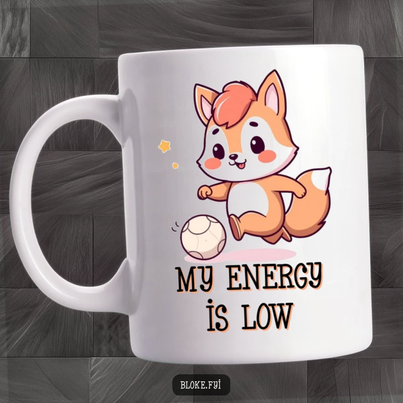 Funny mug depicting a playful animal character with a smile, kicking a small, deflated ball with lighthearted energy.