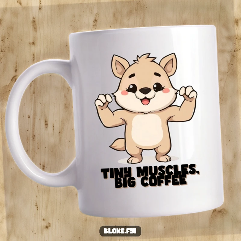 Funny mug with a cute, stout animal character grinning mischievously while playfully flexing its tiny muscles.