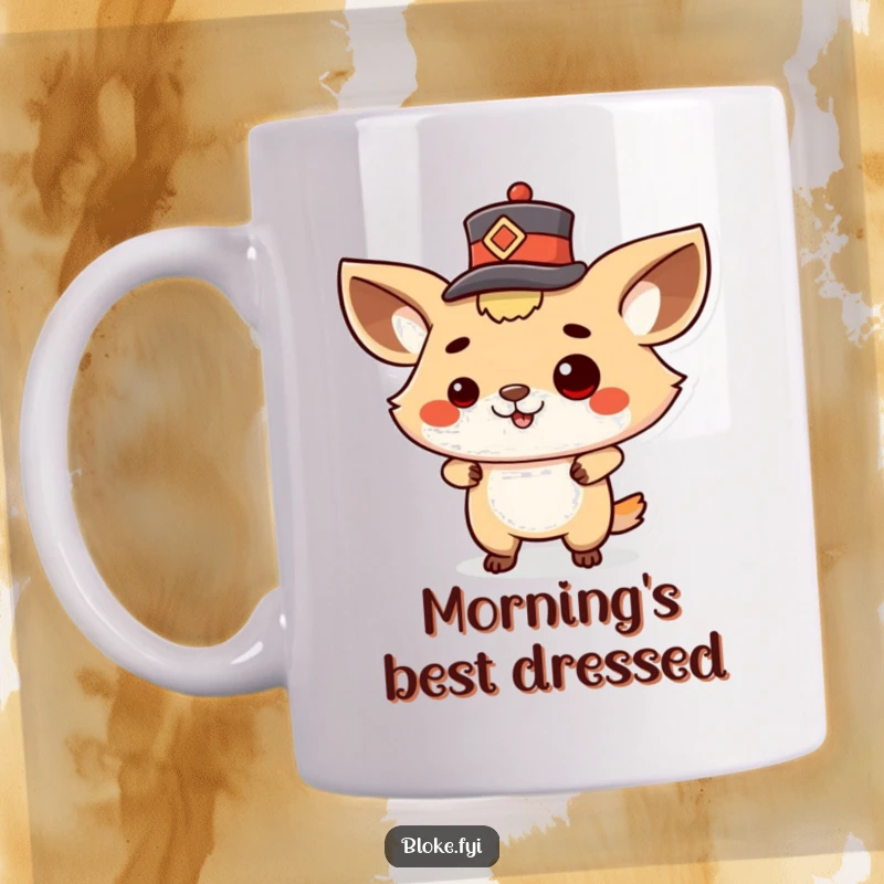 Funny mug with a proud cartoon animal standing confidently, swaggering with a tiny hat tipped in a charming greeting.