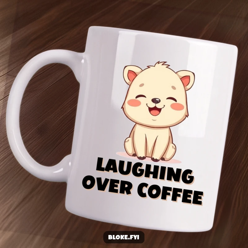 Funny mug featuring a charmingly rough-drawn animal character caught mid-laugh, radiating friendly, down-to-earth humor and good spirits.