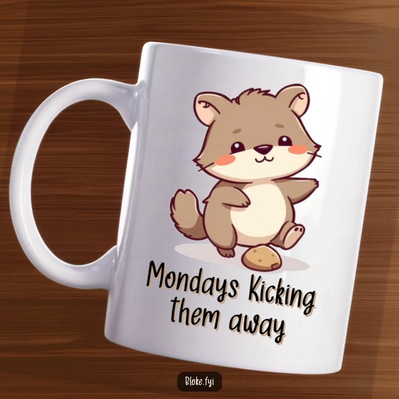 Funny Mug: Slightly scruffy animal humorously kicking a small pebble, expressing relatable everyday frustration.