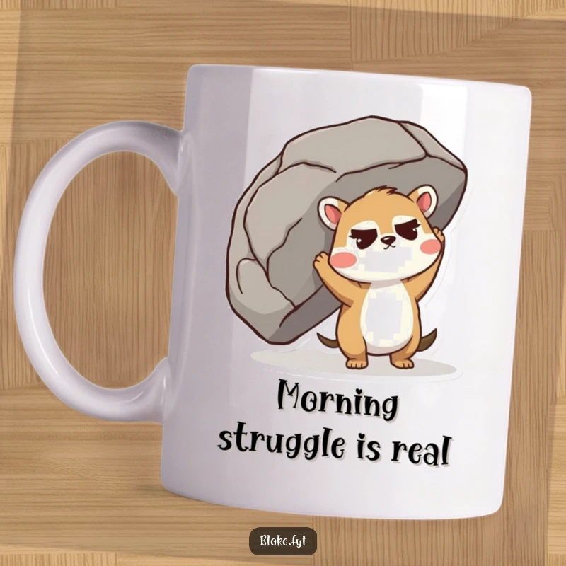 Funny Mug depicting a cute animal with a furrowed brow straining to lift a comically large boulder, showing great effort.