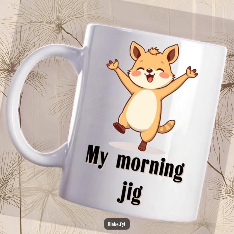 Funny Sturdy Animal Dancing Mug featuring a stout creature doing a joyful, clumsy dance, celebrating uninhibited movement.