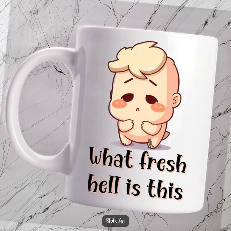 Funny mug featuring a bloke character with a wide-eyed stunned expression, reacting comically to a minuscule object below.