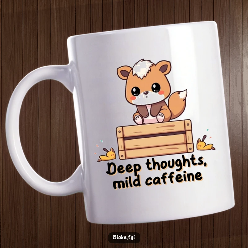 Funny mug with a stylized animal sitting thoughtfully on a wooden crate, contemplating life's mysteries with a hint of humor.