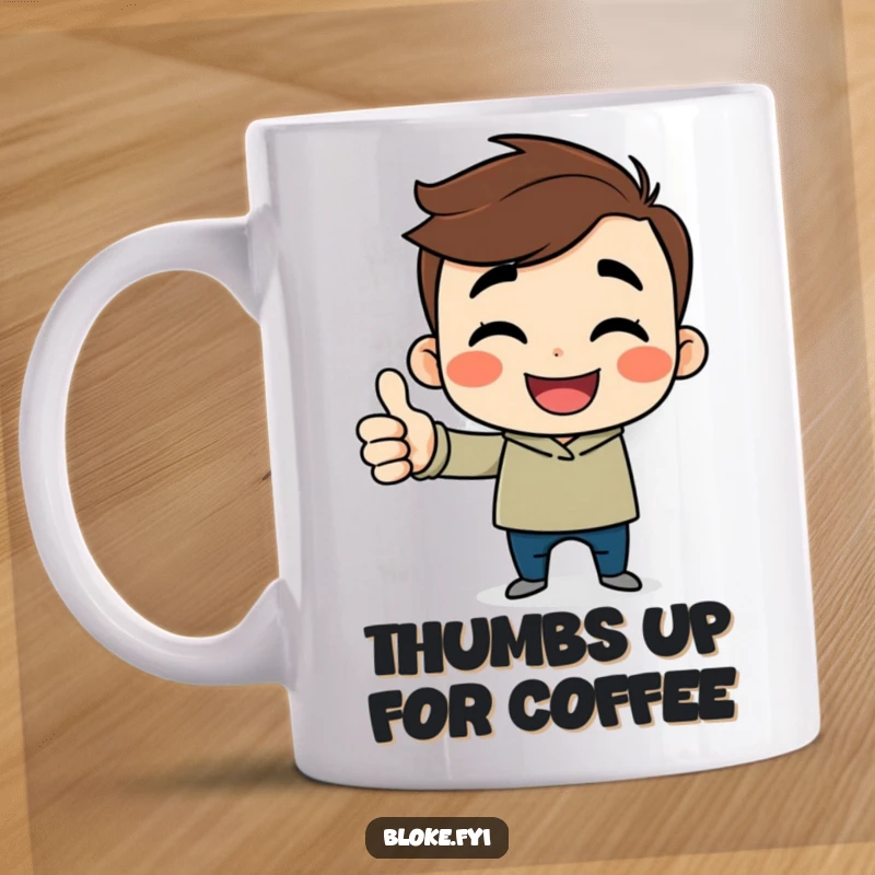 Funny cartoon guy mug with a cheerful character, sideways smile, and a thumbs up gesture, exuding happiness.