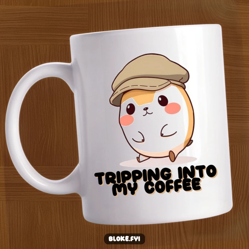 Funny mug showing a small, round, adorable animal character comically tripping over its feet while wearing a comically large flat cap.