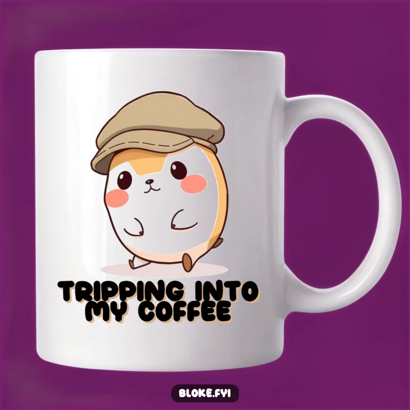 Funny Tripping Animal Mug: Goofy Character in Oversized Cap Fumbles