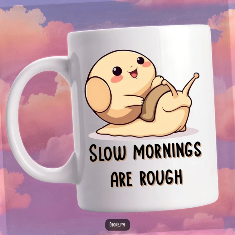 Funny mug showing a bloke animal character comically tripping over a very large, friendly snail, symbolizing slow-motion mishaps.