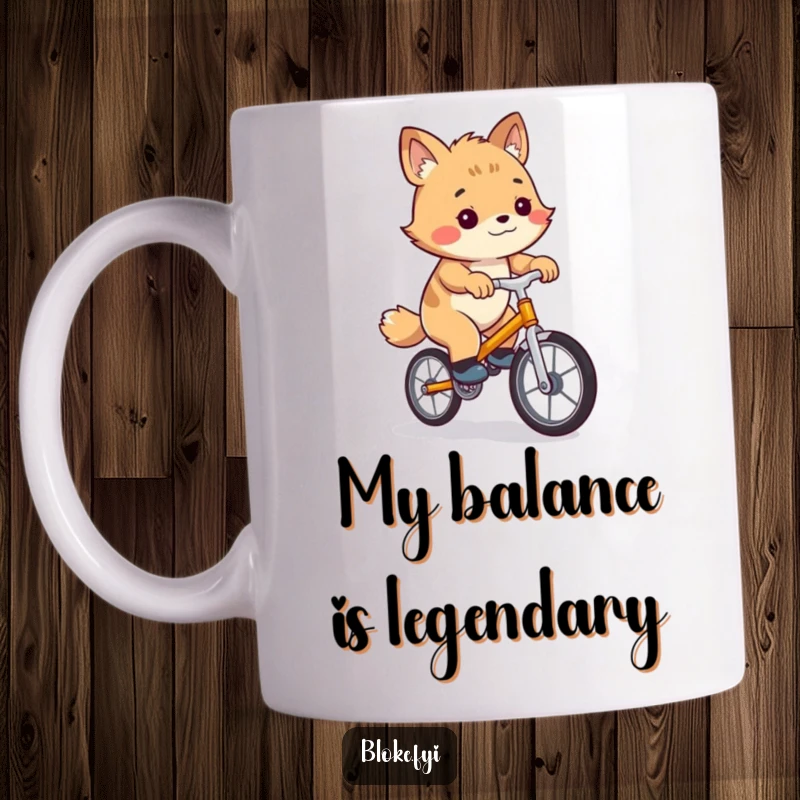 Funny mug showcasing a clumsy bloke animal character struggling to balance on a tiny, wobbly unicycle, perfect for a good laugh.