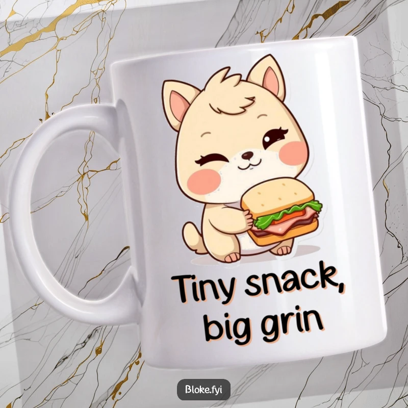 Funny mug with a winking bloke animal character proudly holding a tiny, intricately detailed sandwich, a humorous gourmet moment.