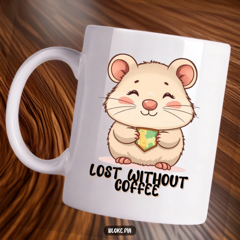 Funny wombat mug featuring a shyly smiling marsupial wearing a tiny map, perfect for a cute, humorous gift.
