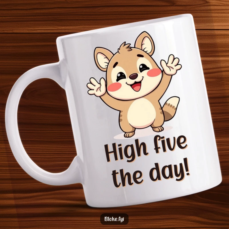 Funny Mug showing a happy animal character giving an exaggerated, enthusiastic high-five with a huge grin.