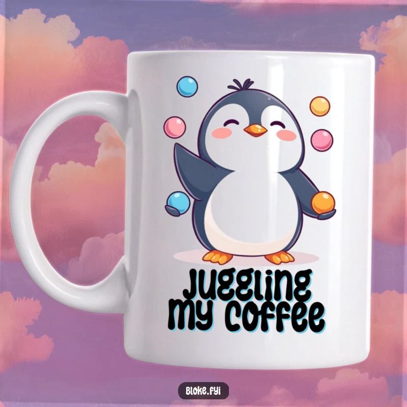 Funny Mug featuring a happy, pudgy penguin character skillfully juggling three small, round objects with a cheerful expression.