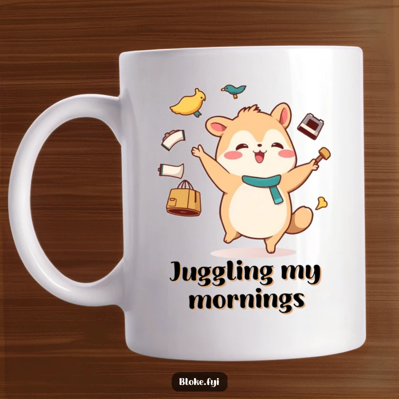 Funny mug depicting a stout animal character with a happy waddle, comically juggling various mismatched items, perfect for cheerful mornings.
