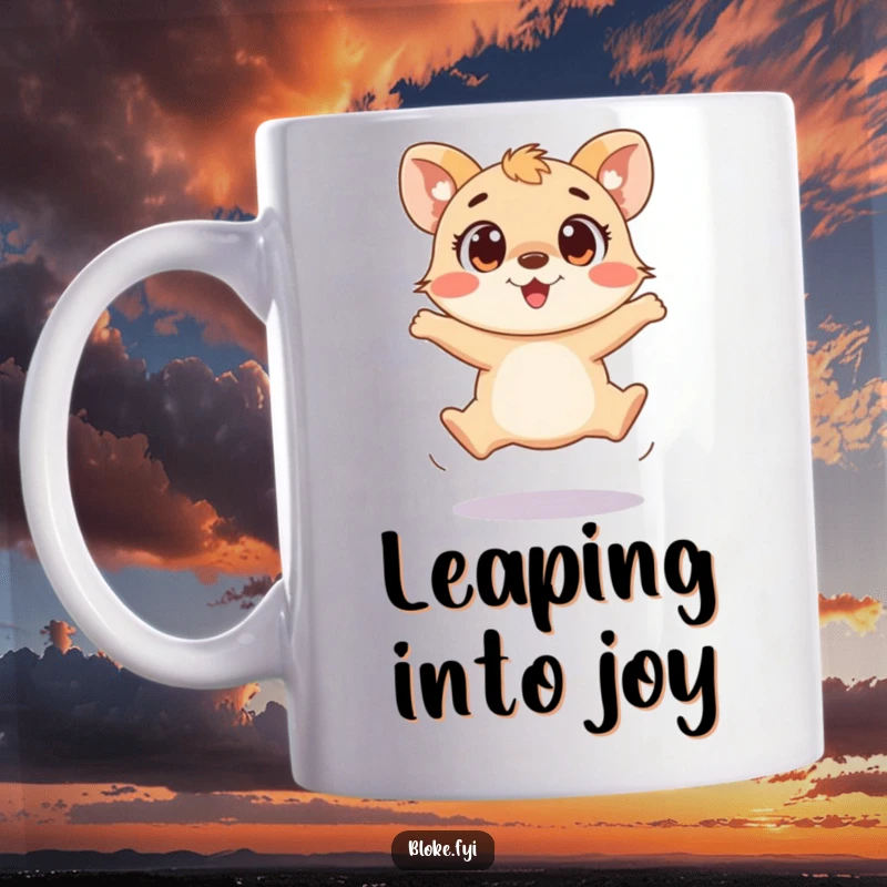 Funny mug featuring a playful animal with wide, excited eyes making a clumsy attempt at a jump, showing effort and humor.