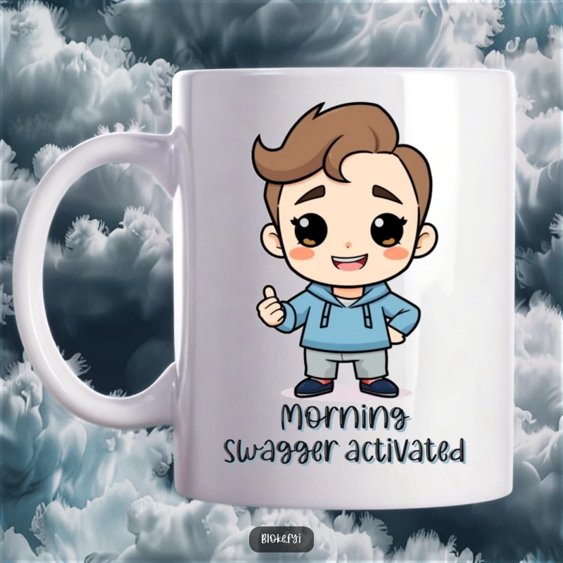 Funny mug of a simple guy character with a cheeky grin striking a confident, bold pose, radiating self-assured humor.