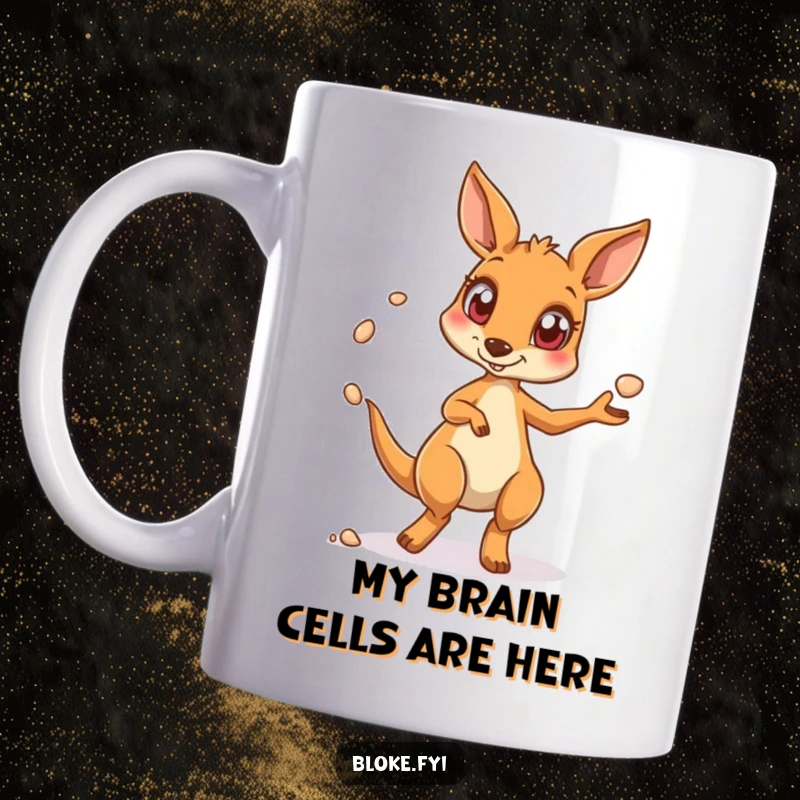 Funny kangaroo mug featuring a wide-eyed marsupial hilariously juggling small pebbles, perfect for a humorous gift.