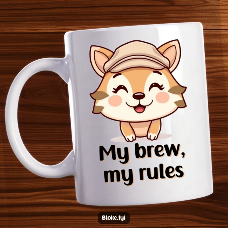 Funny mug with a cute animal character sporting a flat cap and a mischievous, cheeky grin, radiating playful charm.