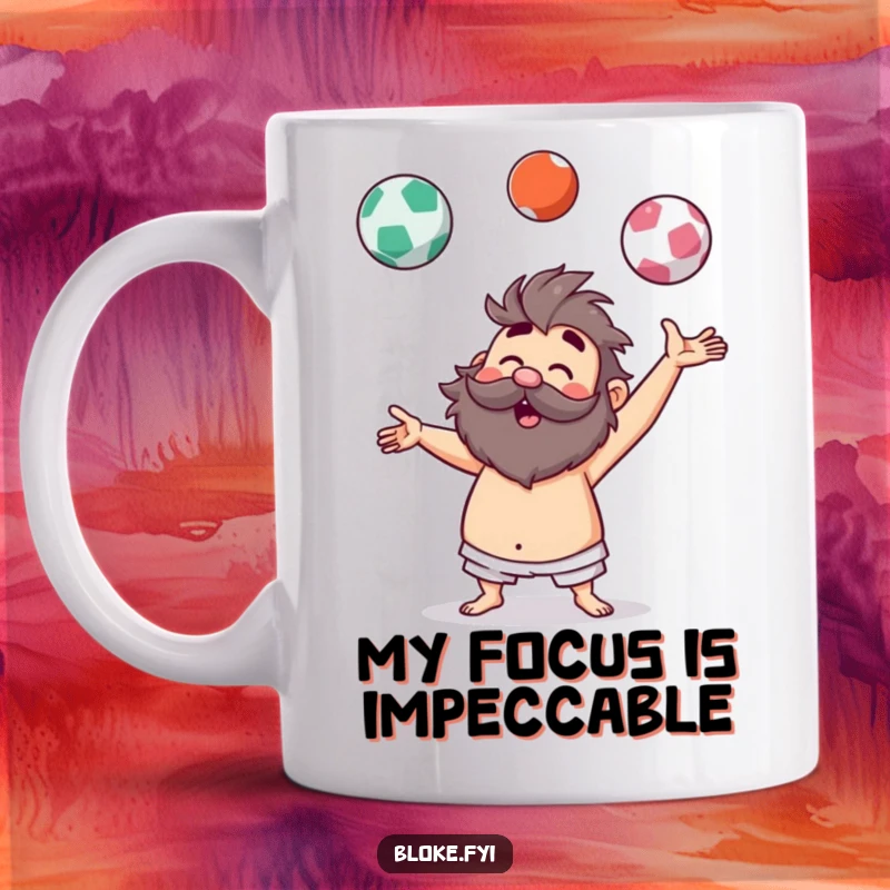 Funny mug showing a hairy bloke character comically juggling three invisible balls with a concentrated, humorous expression.