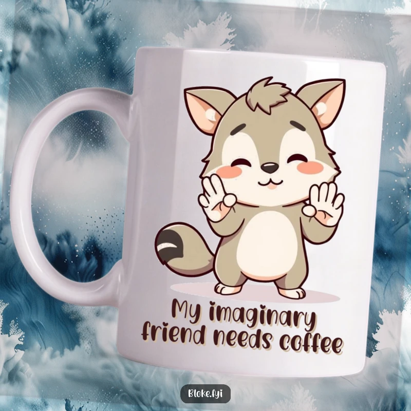 Funny mug featuring a bloke animal character awkwardly attempting to high-five an invisible friend, highlighting social anxiety humor.