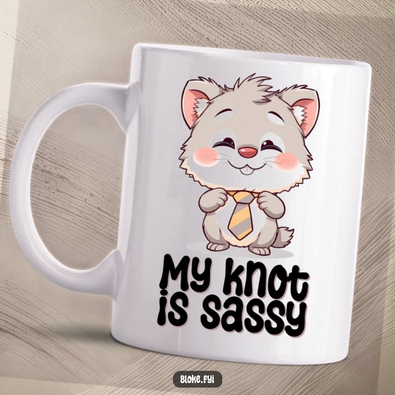 Funny mug showing a cute furry creature with a cheeky grin, struggling to adjust its crooked tie, perfect for office humor.