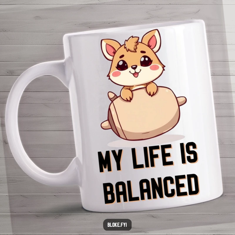 Funny Mug: A determined animal character with a focused gaze precariously balances a huge, wobbly object, showcasing effort and humor.