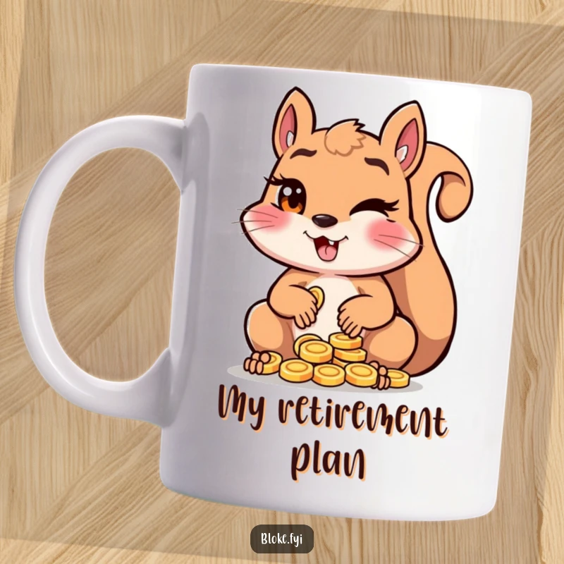 Funny squirrel winking mischievously while counting a pile of shiny gold coins, perfect for a coffee mug gift.
