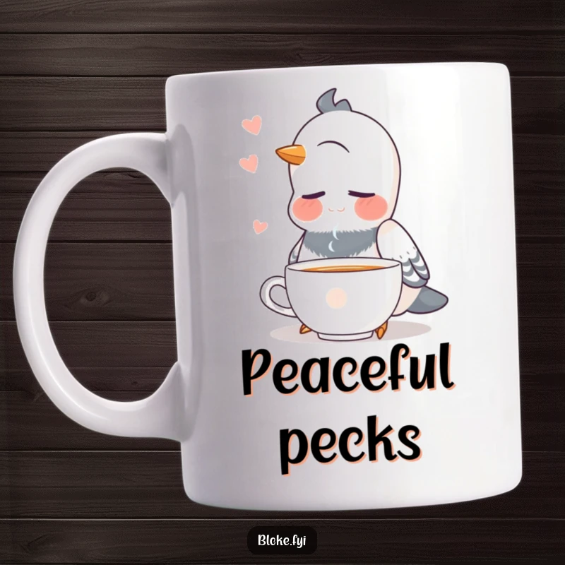 Funny pigeon with closed eyes, looking content, holding and sipping from a cup of tea.