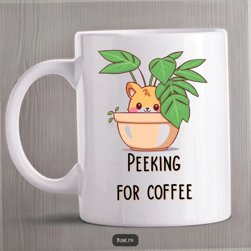 Funny mug with a curious animal character peeking out from behind a large potted plant, radiating playful inquisitiveness.
