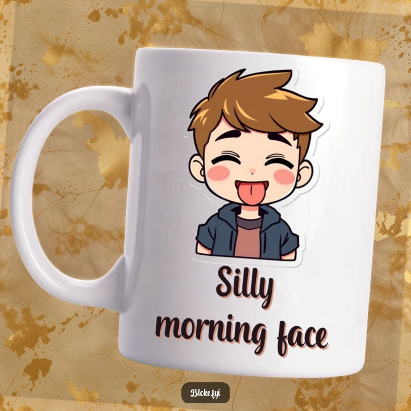 Funny mug of a grinning guy character playfully sticking out his tongue with a mischievous and humorous expression.