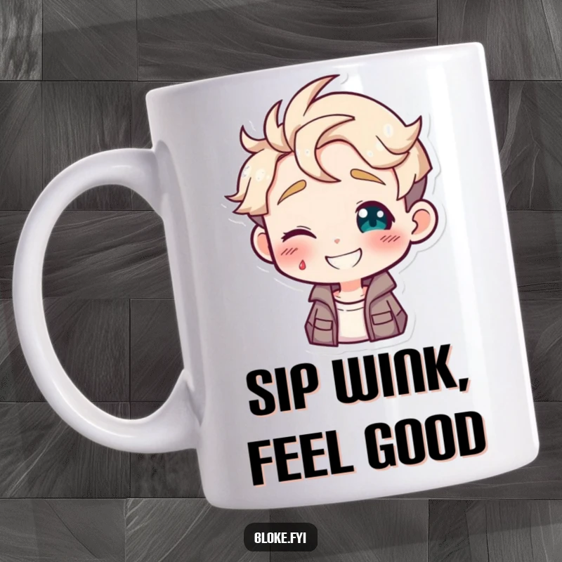 Funny mug showcasing a smiling guy character playfully winking, exuding charm and a hint of mischief.