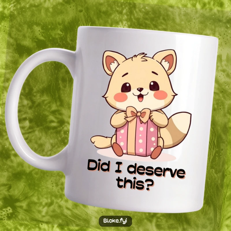 Funny mug depicting a bloke animal character excitedly unwrapping a present with a look of pure surprise and joy on its face.