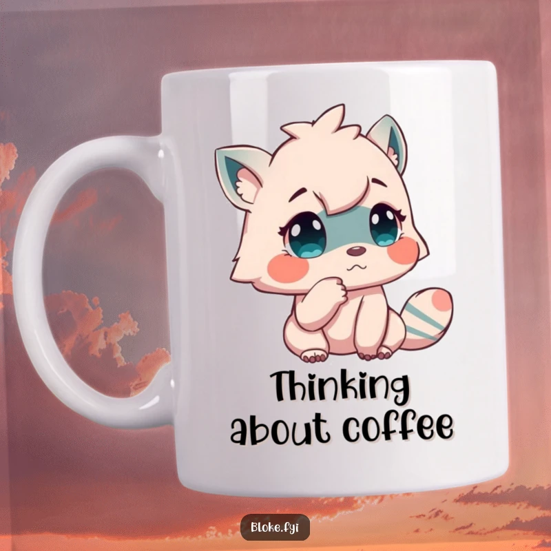 Funny mug with a creature tapping its chin thoughtfully, embodying contemplation and humor, perfect for a funny gift.