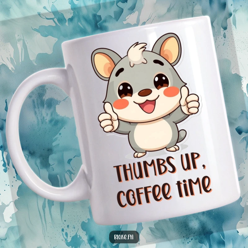 Funny mug with a cheerful bloke animal character giving a double thumbs-up with a wide, infectious smile.