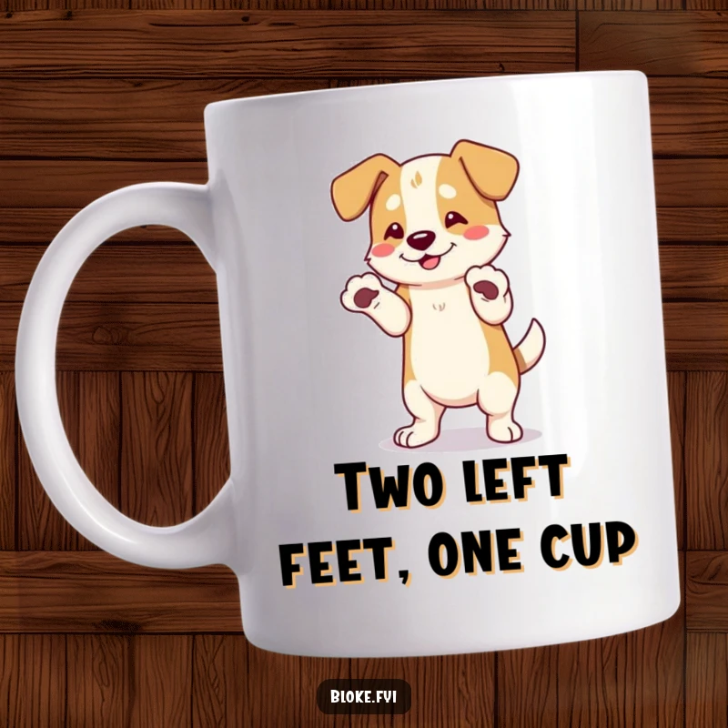 Funny Dog Mug: A clumsy dog with oversized paws attempts to dance, showcasing its adorable and awkward moves with a joyful expression.