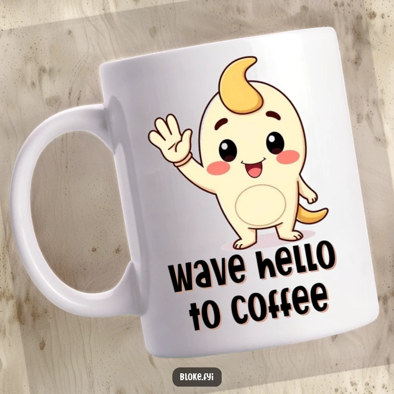 Funny mug depicting a cartoon fellow character giving a cheerful, jaunty wave, exuding friendliness.